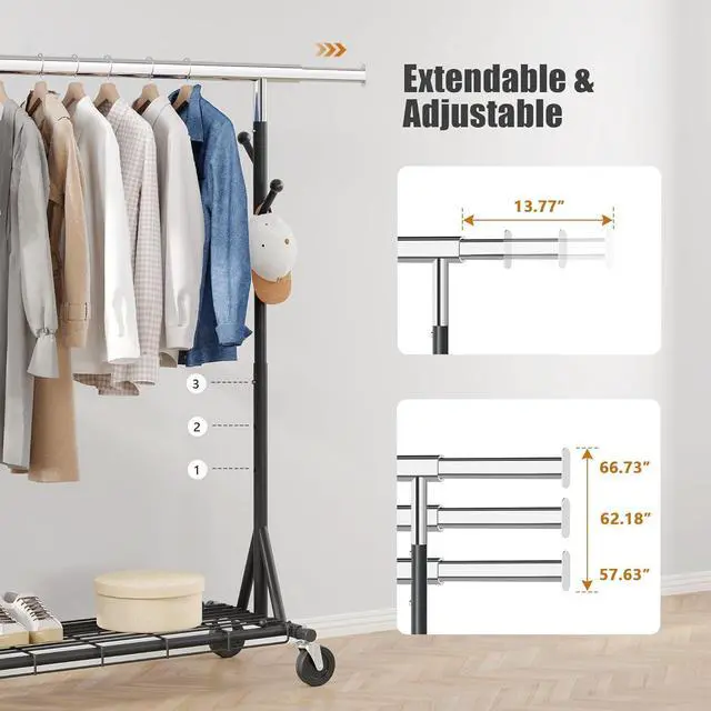 Alt view image 4 of 7 - Heavy Duty Clothes Rack Load 530 LBS Metal Garment Clothing Rack Hang 200 pieces of clothing on Wheels Collapsible Rolling Portable & Adjustable with Hook for Hanging Clothes Black