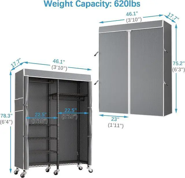 Alt view image 7 of 7 - VIPEK R4C Rolling Garment Rack 6 Tiers Adjustable Heavy Duty Wire Shelving Portable Clothes Rack with Lockable Wheels, Black Metal Clothing Rack with Grey Upgraded Polyester Cover, Max Load 620lbs