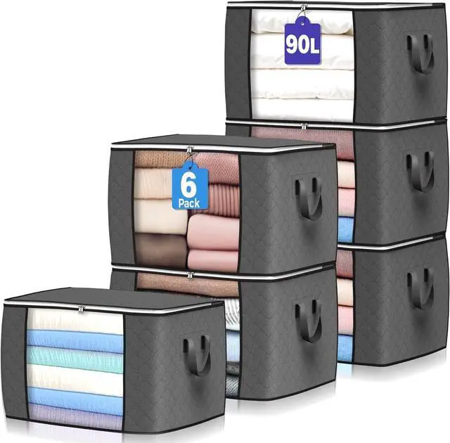 Main image of 90 L Large Storage Bags, 6 Pack Clothes Storage Bins Foldable Closet Organizers Storage Containers with Reinforced Handle for Clothing, Blanket, Comforters, Bed Sheets, Pillows and Toys (Gray)