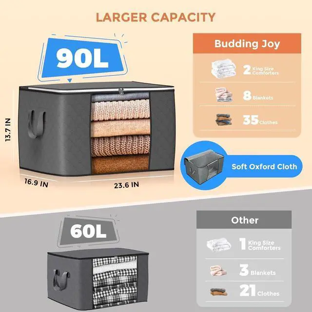 Alt view image 2 of 7 - 90 L Large Storage Bags, 6 Pack Clothes Storage Bins Foldable Closet Organizers Storage Containers with Reinforced Handle for Clothing, Blanket, Comforters, Bed Sheets, Pillows and Toys (Gray)