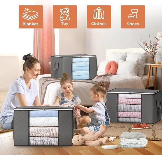 Alt view image 3 of 7 - 90 L Large Storage Bags, 6 Pack Clothes Storage Bins Foldable Closet Organizers Storage Containers with Reinforced Handle for Clothing, Blanket, Comforters, Bed Sheets, Pillows and Toys (Gray)