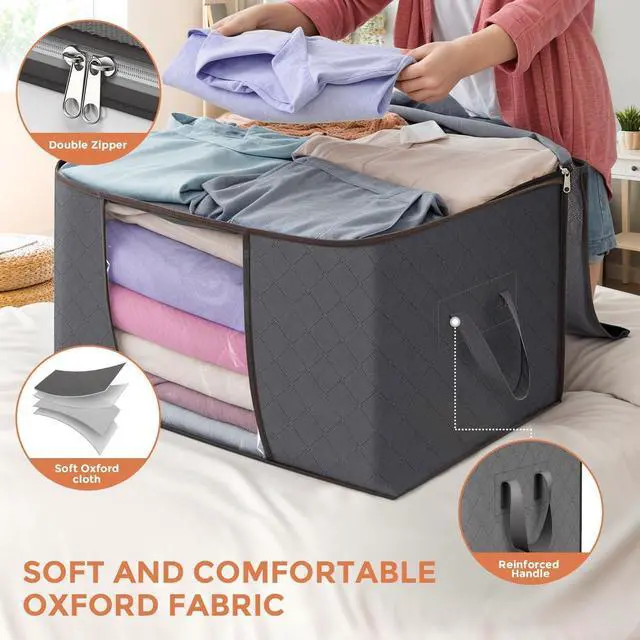 Alt view image 4 of 7 - 90 L Large Storage Bags, 6 Pack Clothes Storage Bins Foldable Closet Organizers Storage Containers with Reinforced Handle for Clothing, Blanket, Comforters, Bed Sheets, Pillows and Toys (Gray)