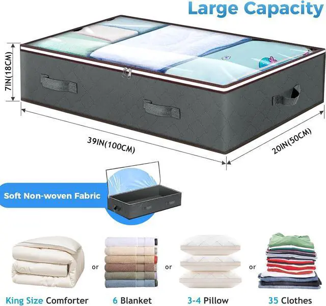 Alt view image 2 of 7 - Budding Joy 90L Under Bed Storage Containers, Closet Organizers and Storage Bins, Foldable Underbed Storage Bags for Blanket, Clothing, Comforter, Sweaters, Pillows, Linen Sheets, Wrapping Paper, Grey