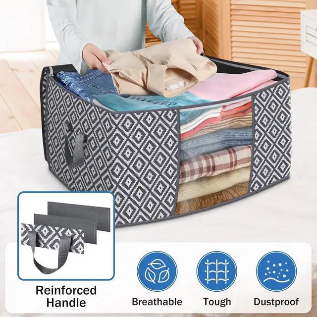 Alt view image 5 of 7 - Direct 100L, 3 Pack, Storage Containers, Large Clothes Storage Bins Foldable Organization and Storage Bags with Reinforced Handle, Clear Window for Bedding, Blankets, Clothing, Grey