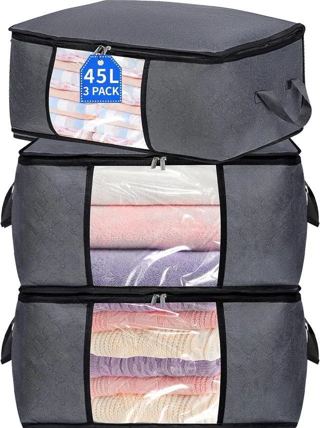 Main image of 3 Pack Clothes Storage Bags with Zipper, 45L Foldable Blanket Storage Box with Clear Window Sturdy Handles for Closet, Dorm, Pillows, Bedding, Sheet, Comforter, Gray