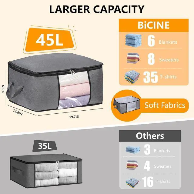 Alt view image 2 of 7 - 3 Pack Clothes Storage Bags with Zipper, 45L Foldable Blanket Storage Box with Clear Window Sturdy Handles for Closet, Dorm, Pillows, Bedding, Sheet, Comforter, Gray