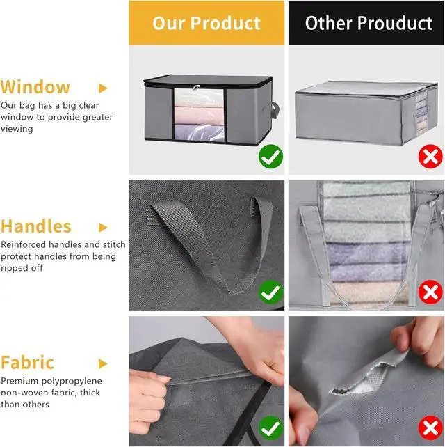 Alt view image 4 of 7 - 3 Pack Clothes Storage Bags with Zipper, 45L Foldable Blanket Storage Box with Clear Window Sturdy Handles for Closet, Dorm, Pillows, Bedding, Sheet, Comforter, Gray