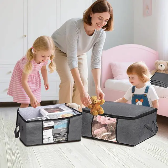Alt view image 7 of 7 - 3 Pack Clothes Storage Bags with Zipper, 45L Foldable Blanket Storage Box with Clear Window Sturdy Handles for Closet, Dorm, Pillows, Bedding, Sheet, Comforter, Gray