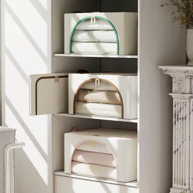 Alt view image 2 of 7 - Furnhome 3 pack Clothes Storage Bins with metal Frame, sweater storage for closet, Stackable Storage bins for clothes, Foldable Clothing Storage bins with Cedar Blocks& Windows&Zippers|24L-Light Grey