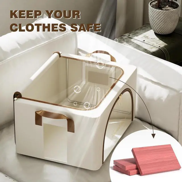 Alt view image 3 of 7 - Furnhome 3 pack Clothes Storage Bins with metal Frame, sweater storage for closet, Stackable Storage bins for clothes, Foldable Clothing Storage bins with Cedar Blocks& Windows&Zippers|24L-Light Grey