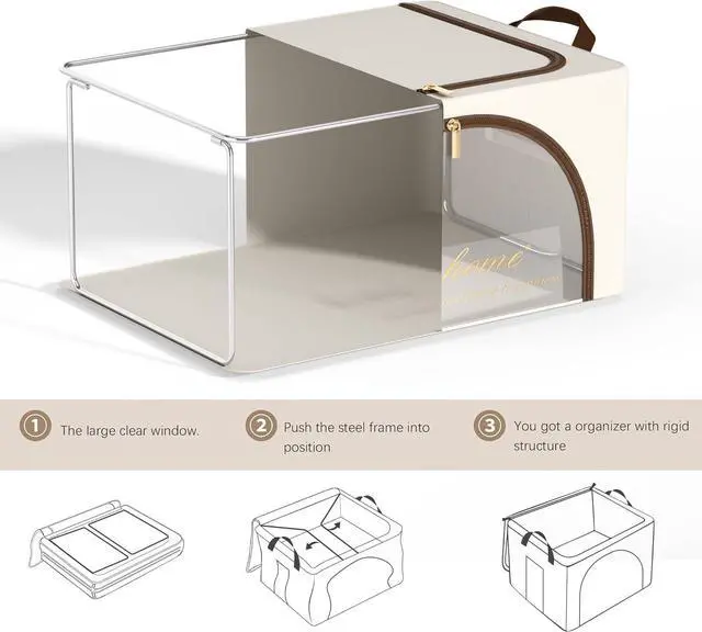 Alt view image 5 of 7 - Furnhome 3 pack Clothes Storage Bins with metal Frame, sweater storage for closet, Stackable Storage bins for clothes, Foldable Clothing Storage bins with Cedar Blocks& Windows&Zippers|24L-Light Grey