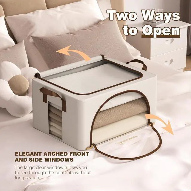 Alt view image 4 of 7 - Furnhome 3 pack Clothes Storage Bins with metal Frame, sweater storage for closet, Stackable Storage bins for clothes, Foldable Clothing Storage bins with Cedar Blocks& Windows&Zippers|24L-Light Grey