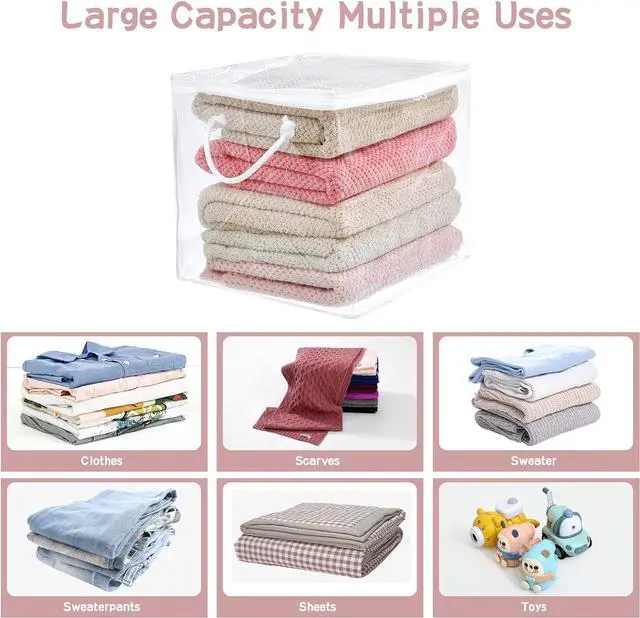 Alt view image 5 of 7 - 10-Pack Clear Zippered Storage Bags with Handles, Two-Way Zipper Foldable Closet Organizer, Bed Sheet Organizer, Plastic Storage Bin for Clothes, Towels