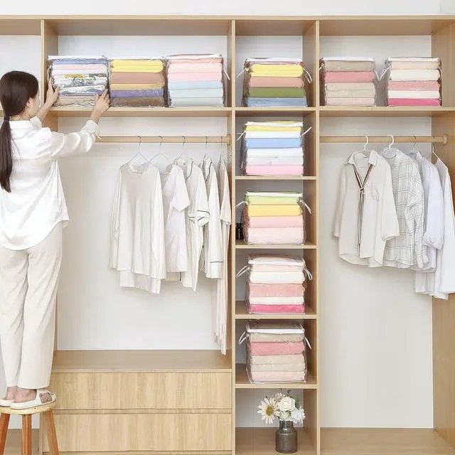 Alt view image 6 of 7 - 10-Pack Clear Zippered Storage Bags with Handles, Two-Way Zipper Foldable Closet Organizer, Bed Sheet Organizer, Plastic Storage Bin for Clothes, Towels