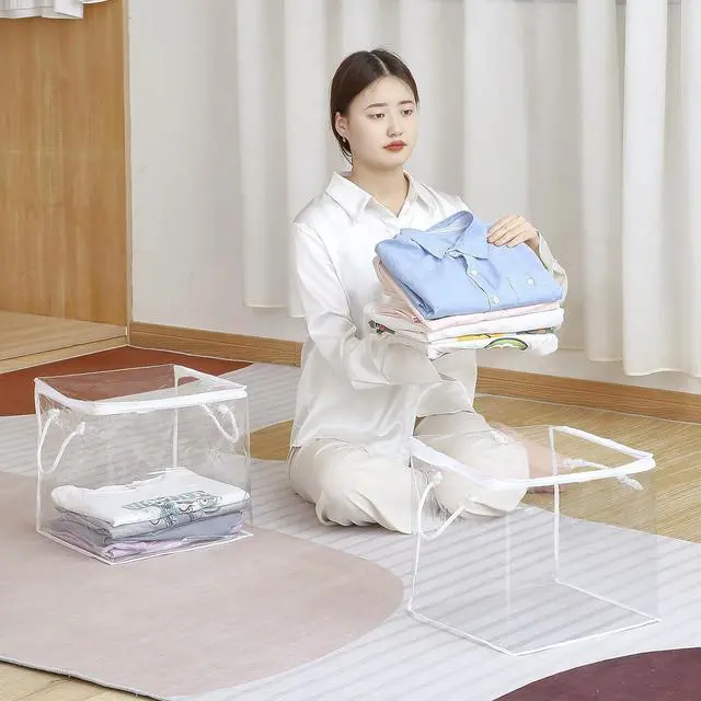 Alt view image 7 of 7 - 10-Pack Clear Zippered Storage Bags with Handles, Two-Way Zipper Foldable Closet Organizer, Bed Sheet Organizer, Plastic Storage Bin for Clothes, Towels