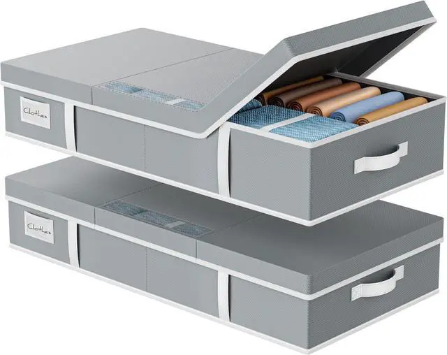 Main image of Yecaye 2 Pack Under Bed Storage Containers, Large Underbed Storage Drawers with Lid, Foldable Low Profile Stackable Bins with Clear Window & 4 Handles for Clothes, Blanket, Shoes, Grey, 31.5*15.75*6in