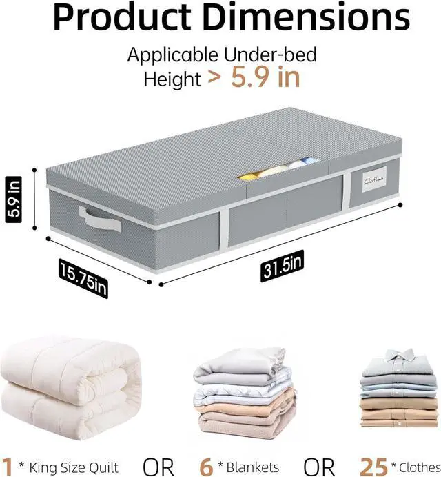 Alt view image 3 of 7 - Yecaye 2 Pack Under Bed Storage Containers, Large Underbed Storage Drawers with Lid, Foldable Low Profile Stackable Bins with Clear Window & 4 Handles for Clothes, Blanket, Shoes, Grey, 31.5*15.75*6in