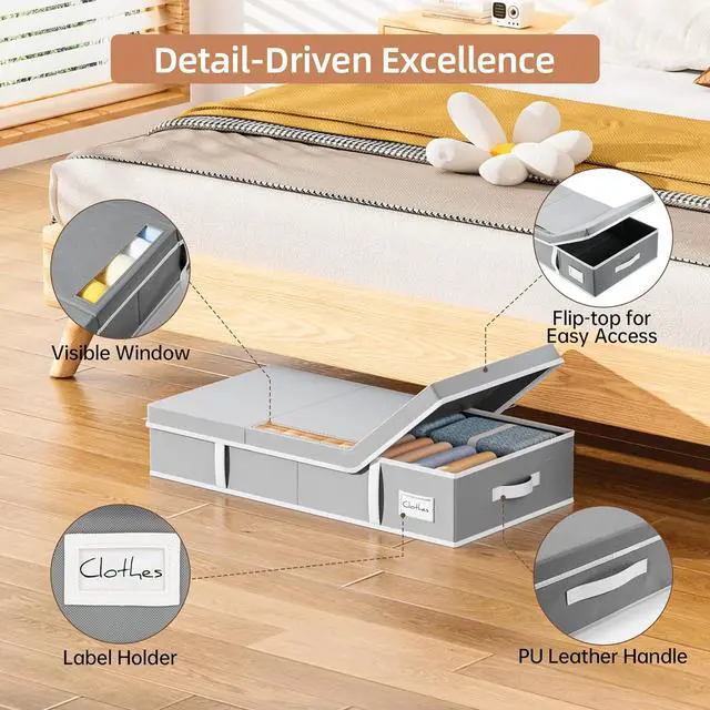 Alt view image 5 of 7 - Yecaye 2 Pack Under Bed Storage Containers, Large Underbed Storage Drawers with Lid, Foldable Low Profile Stackable Bins with Clear Window & 4 Handles for Clothes, Blanket, Shoes, Grey, 31.5*15.75*6in