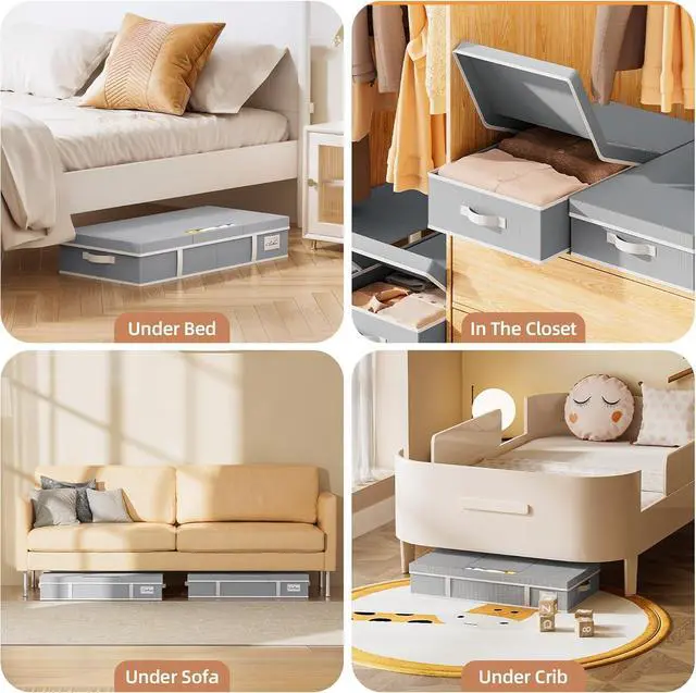 Alt view image 7 of 7 - Yecaye 2 Pack Under Bed Storage Containers, Large Underbed Storage Drawers with Lid, Foldable Low Profile Stackable Bins with Clear Window & 4 Handles for Clothes, Blanket, Shoes, Grey, 31.5*15.75*6in