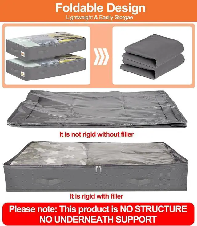 Alt view image 2 of 6 - punemi Under Bed Storage Containers with Lid, 2 Pack Large Soft Foldable Storage Bags for Clothes, Coats, Sweaters, Blankets, Water-Resistant Inner Layer, 20x40x7.5 in, Perfect for Apartments and RV
