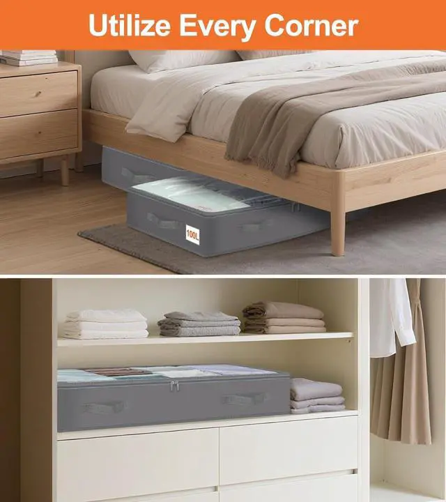 Alt view image 6 of 6 - punemi Under Bed Storage Containers with Lid, 2 Pack Large Soft Foldable Storage Bags for Clothes, Coats, Sweaters, Blankets, Water-Resistant Inner Layer, 20x40x7.5 in, Perfect for Apartments and RV