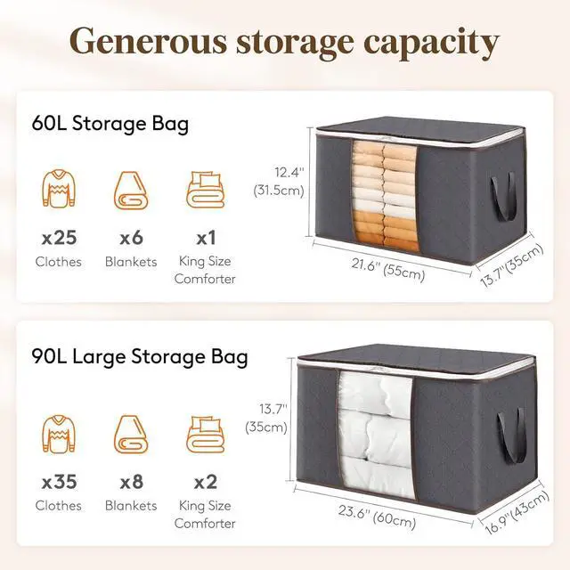 Alt view image 2 of 7 - Lifewit 6 Pack Clothes Storage Bins with Lids, Foldable Blanket Storage Bags with Zippers, Clear Window and Reinforced Handles, Closet and Organization for Clothing, Sweater, Comforter, Bedding, Gray