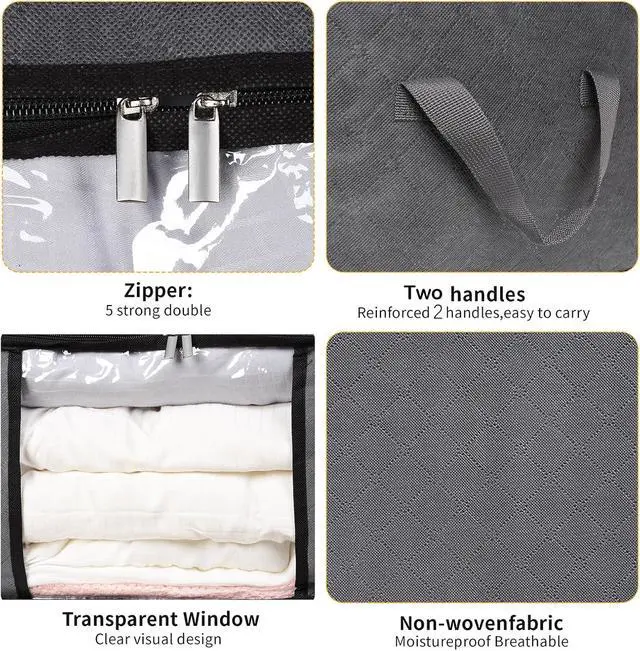 Alt view image 3 of 7 - 3 Pack Clothes Storage Bags with Zipper, 45L Foldable Blanket Storage Box with Clear Window Sturdy Handles for Closet, Dorm, Pillows, Bedding, Sheet, Comforter, Gray