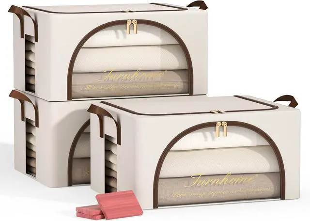 Main image of Furnhome 3 pack Clothes Storage Bins with metal Frame, sweater storage for closet, Stackable Storage bins for clothes, Foldable Clothing Storage bins with Cedar Blocks& Windows&Zippers|24L-Light Grey