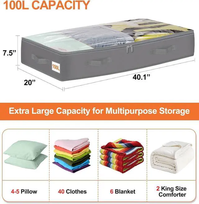 Alt view image 4 of 6 - punemi Under Bed Storage Containers with Lid, 2 Pack Large Soft Foldable Storage Bags for Clothes, Coats, Sweaters, Blankets, Water-Resistant Inner Layer, 20x40x7.5 in, Perfect for Apartments and RV