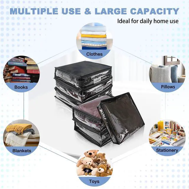 Alt view image 4 of 6 - Clear Zippered Storage Bags Plastic Sweater Storage Bags with Zipper 6 Packs Clothing Organizer for Blankets Linen Sweater Bed Sheet Quilt Clothes Pillow (15.7 x 13.8 x 3.9 Inch, Black)