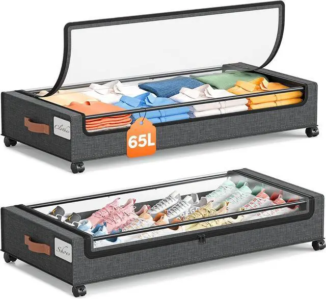 Main image of Yecaye Under Bed Storage with Wheels 2 Pack, 65L Large Capacity Under Bed Storage Containers with Metal Frame & Clear Lid, Rolling Underbed Organizer Bins Drawers for Clothes, Shoes, Blankets, Grey