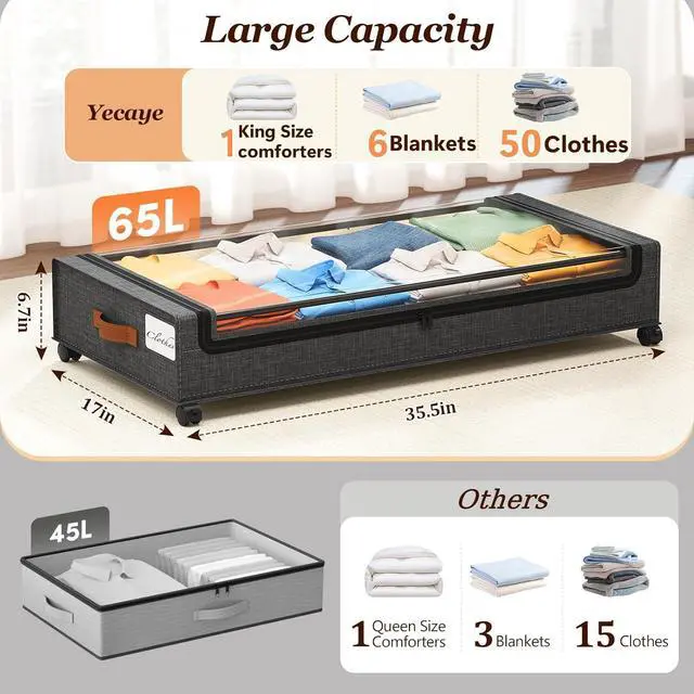 Alt view image 2 of 7 - Yecaye Under Bed Storage with Wheels 2 Pack, 65L Large Capacity Under Bed Storage Containers with Metal Frame & Clear Lid, Rolling Underbed Organizer Bins Drawers for Clothes, Shoes, Blankets, Grey