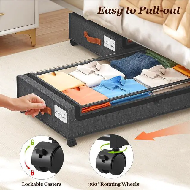 Alt view image 6 of 7 - Yecaye Under Bed Storage with Wheels 2 Pack, 65L Large Capacity Under Bed Storage Containers with Metal Frame & Clear Lid, Rolling Underbed Organizer Bins Drawers for Clothes, Shoes, Blankets, Grey