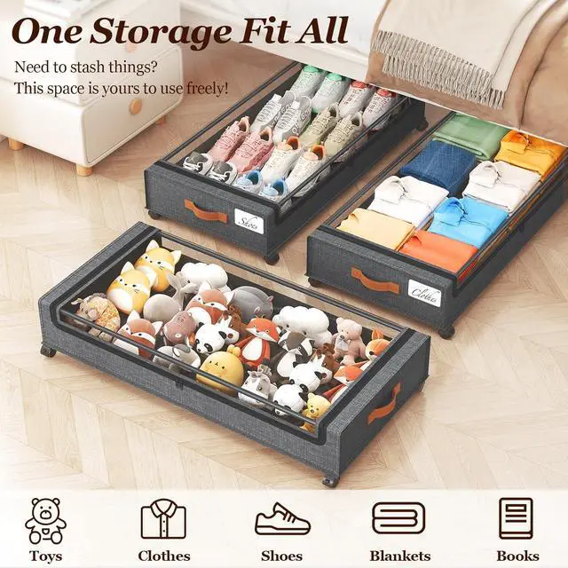 Alt view image 7 of 7 - Yecaye Under Bed Storage with Wheels 2 Pack, 65L Large Capacity Under Bed Storage Containers with Metal Frame & Clear Lid, Rolling Underbed Organizer Bins Drawers for Clothes, Shoes, Blankets, Grey