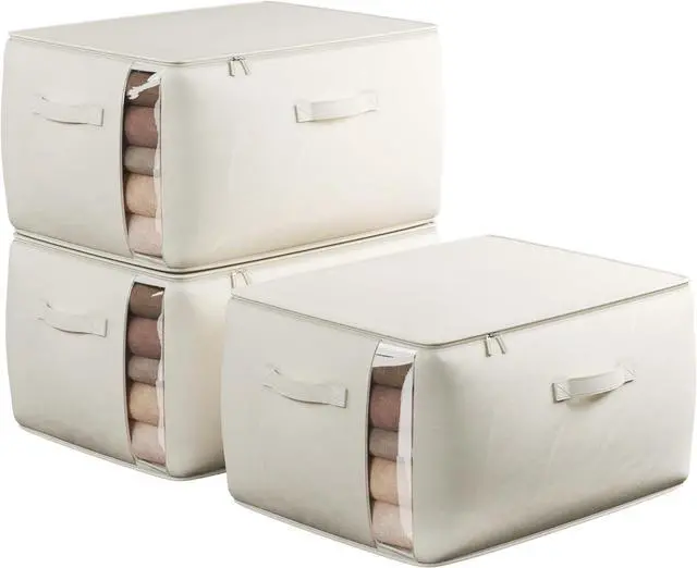 Main image of Large Canvas Clothes Storage Bags with Thick Handles and Clear Window, Foldable Cotton Linen Closet Organizer for Clothing, Blankets and Bedding, 70L, 3 Pack, Beige