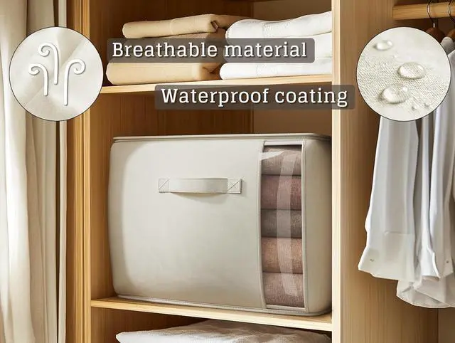 Alt view image 2 of 7 - Large Canvas Clothes Storage Bags with Thick Handles and Clear Window, Foldable Cotton Linen Closet Organizer for Clothing, Blankets and Bedding, 70L, 3 Pack, Beige