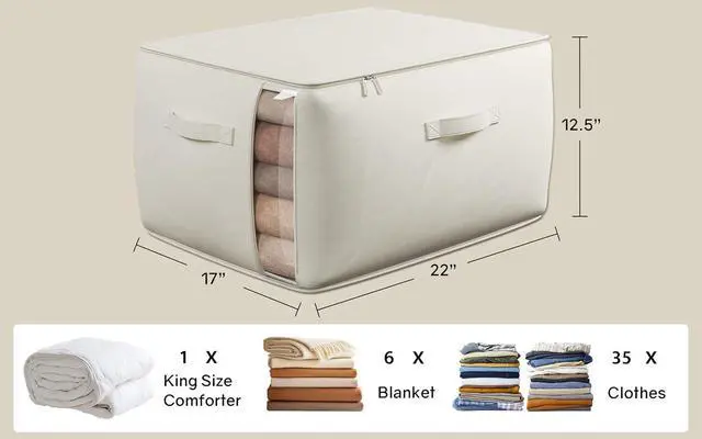 Alt view image 4 of 7 - Large Canvas Clothes Storage Bags with Thick Handles and Clear Window, Foldable Cotton Linen Closet Organizer for Clothing, Blankets and Bedding, 70L, 3 Pack, Beige