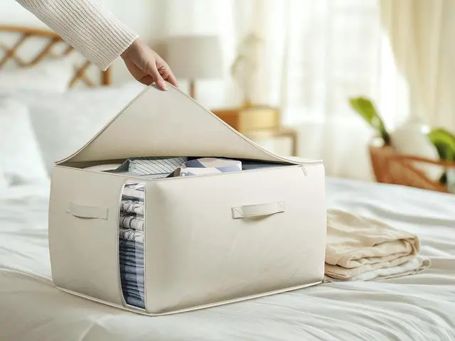 Alt view image 5 of 7 - Large Canvas Clothes Storage Bags with Thick Handles and Clear Window, Foldable Cotton Linen Closet Organizer for Clothing, Blankets and Bedding, 70L, 3 Pack, Beige
