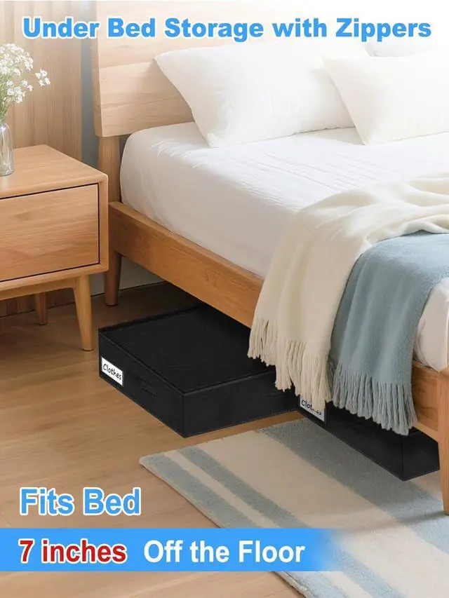 Alt view image 4 of 7 - Under Bed Storage Bags with Zipper, 7 Inch Tall Underbed Storage Containers with Rigid Sides & Bottom,30x15x6.7 Inches, Large Clothes Organizer Box for Bedroom, Dorm, Couch, Black