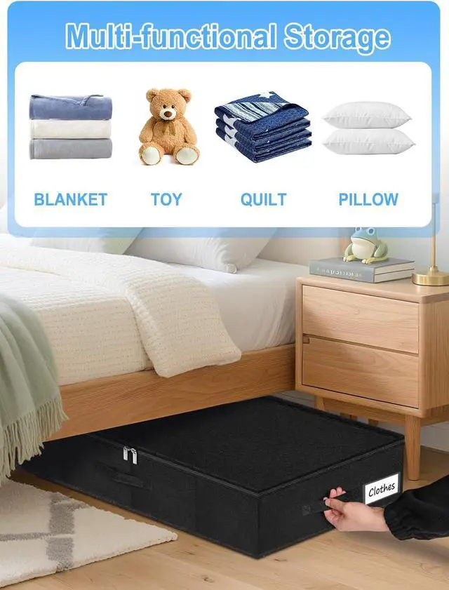 Alt view image 5 of 7 - Under Bed Storage Bags with Zipper, 7 Inch Tall Underbed Storage Containers with Rigid Sides & Bottom,30x15x6.7 Inches, Large Clothes Organizer Box for Bedroom, Dorm, Couch, Black