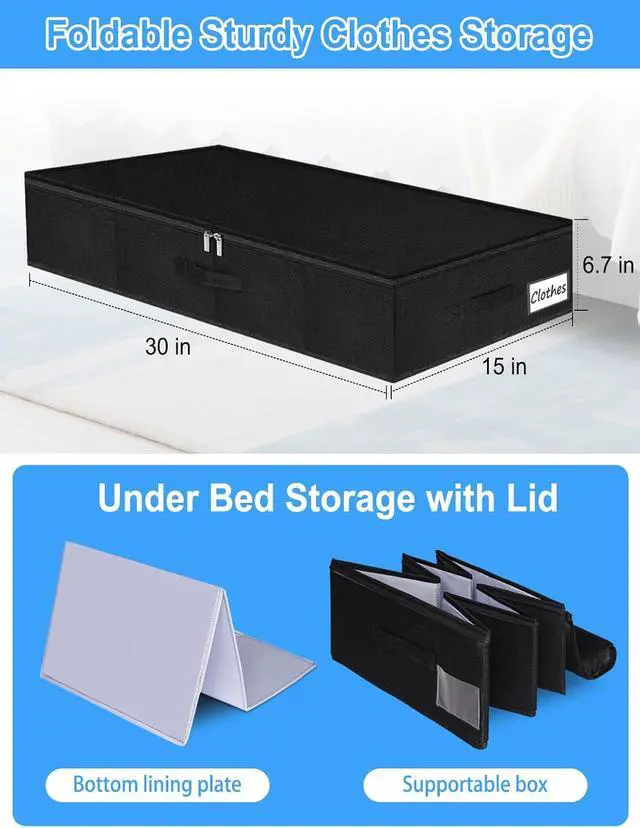 Alt view image 6 of 7 - Under Bed Storage Bags with Zipper, 7 Inch Tall Underbed Storage Containers with Rigid Sides & Bottom,30x15x6.7 Inches, Large Clothes Organizer Box for Bedroom, Dorm, Couch, Black