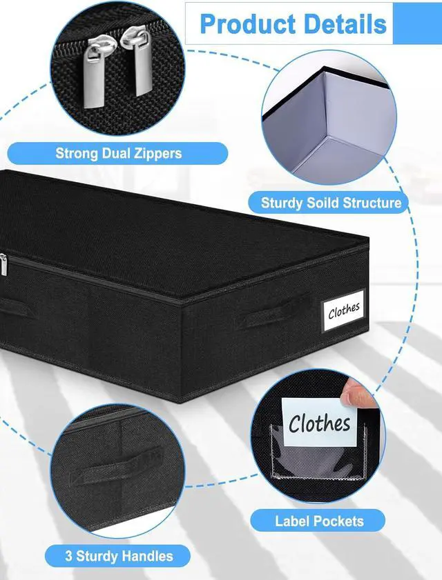 Alt view image 7 of 7 - Under Bed Storage Bags with Zipper, 7 Inch Tall Underbed Storage Containers with Rigid Sides & Bottom,30x15x6.7 Inches, Large Clothes Organizer Box for Bedroom, Dorm, Couch, Black