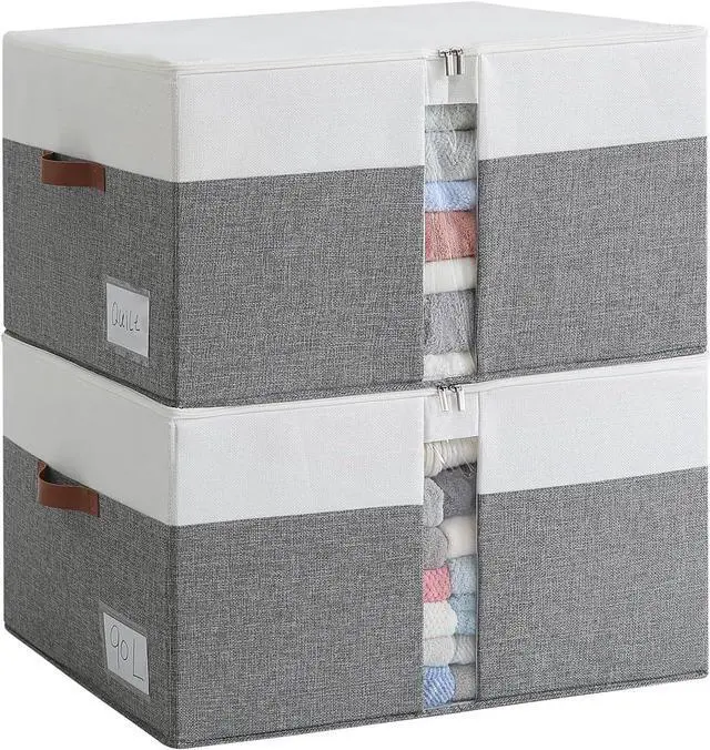 Main image of Reinforced LARGE Blanket Storage Baskets with Lids, 2 Packs Stackable Comforter Storage Bag with Clear Window & Handles, Clothes Organizer for Closet,King/Queen Comforters Quilt Duvet