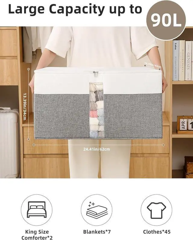 Alt view image 3 of 7 - Reinforced LARGE Blanket Storage Baskets with Lids, 2 Packs Stackable Comforter Storage Bag with Clear Window & Handles, Clothes Organizer for Closet,King/Queen Comforters Quilt Duvet