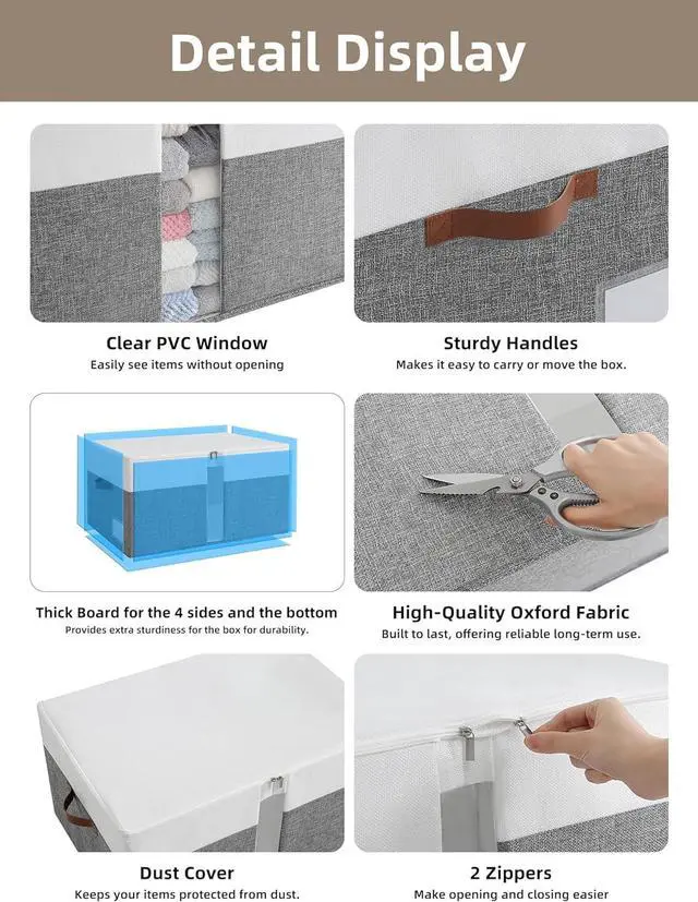 Alt view image 4 of 7 - Reinforced LARGE Blanket Storage Baskets with Lids, 2 Packs Stackable Comforter Storage Bag with Clear Window & Handles, Clothes Organizer for Closet,King/Queen Comforters Quilt Duvet