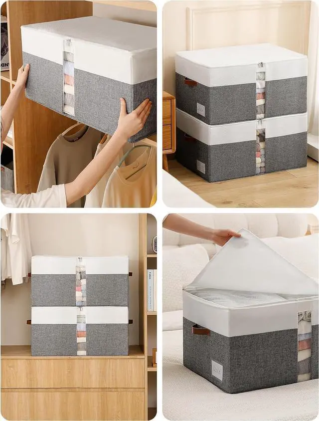 Alt view image 7 of 7 - Reinforced LARGE Blanket Storage Baskets with Lids, 2 Packs Stackable Comforter Storage Bag with Clear Window & Handles, Clothes Organizer for Closet,King/Queen Comforters Quilt Duvet