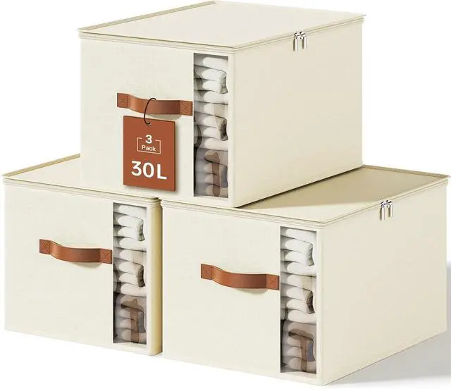 Main image of Clothes Storage Bins with Sturdy Frames, Foldable Fabric Clothing Organizer Box for Moving, Sweater Storage Cube with Lids and Zipper, Linen Closet Storage Bags for Blankets, Clothes, Sheet