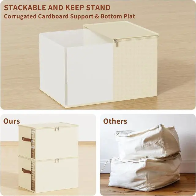 Alt view image 3 of 6 - Clothes Storage Bins with Sturdy Frames, Foldable Fabric Clothing Organizer Box for Moving, Sweater Storage Cube with Lids and Zipper, Linen Closet Storage Bags for Blankets, Clothes, Sheet