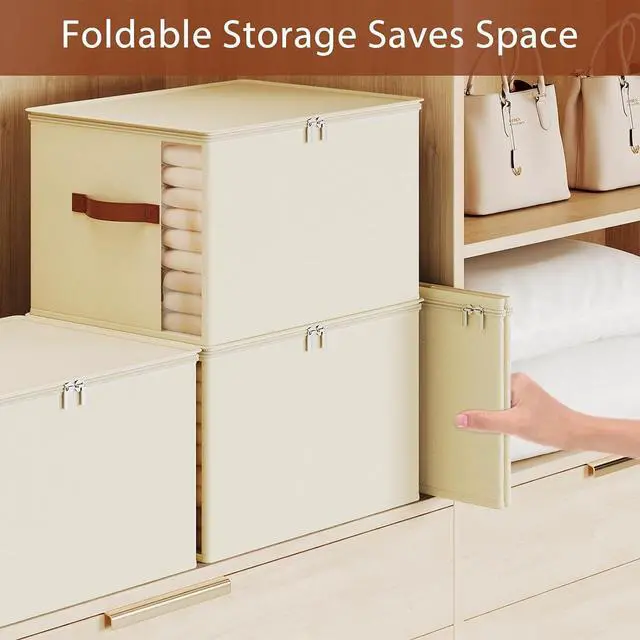 Alt view image 4 of 6 - Clothes Storage Bins with Sturdy Frames, Foldable Fabric Clothing Organizer Box for Moving, Sweater Storage Cube with Lids and Zipper, Linen Closet Storage Bags for Blankets, Clothes, Sheet