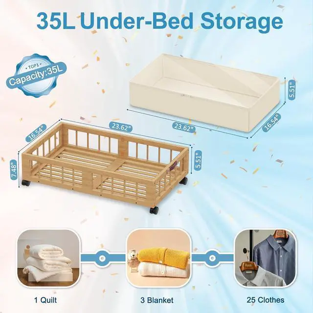 Alt view image 2 of 7 - efluky 2-Pack Bamboo Under Bed Storage Containers with Wheels, Under Bed Clothes Storage Basket with Large Dust Bag, Rolling UnderBed Storage for Bedroom, Dorm and Basement, Nature